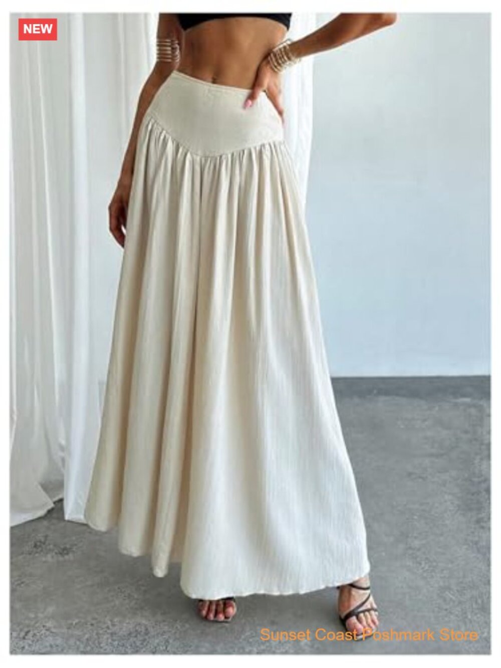 Women's Pleated Flowy Maxi Skirt High Waist Long Skirt with Pocket - Picture 5 of 6